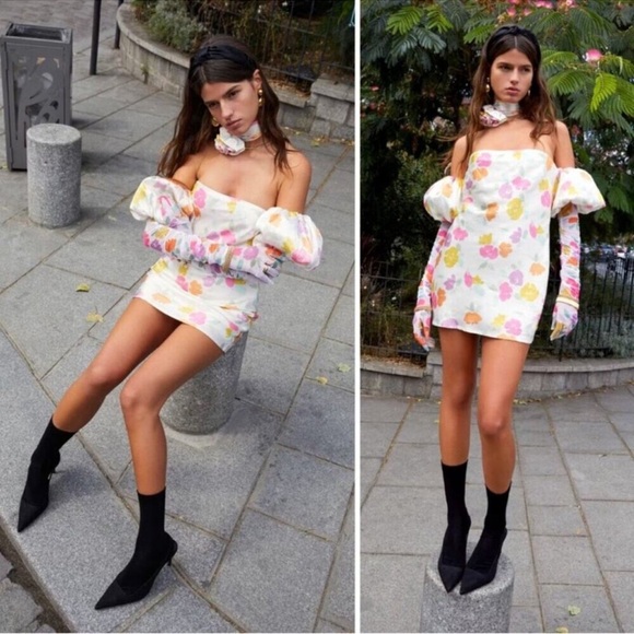 NEW For Love and Lemons Hazel Puff Sleeve Glove Mini Dress Floral Size XS - Picture 2 of 8